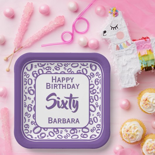 60. Party Random Number Pattern Lila/weiß Pappteller (Party)