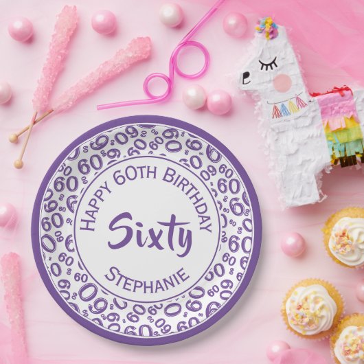 60. Party Random Number Pattern Lila/weiß Pappteller (Party)