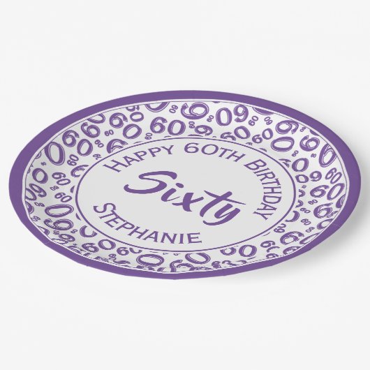 60. Party Random Number Pattern Lila/weiß Pappteller (Schrägansicht)