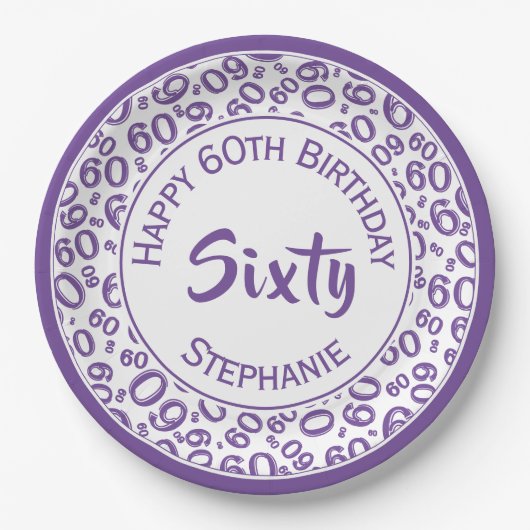 60. Party Random Number Pattern Lila/weiß Pappteller (Vorderseite)