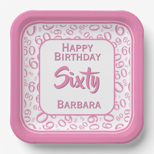60. Party Random Number Pattern Rosa/Weiß Pappteller (Vorderseite)