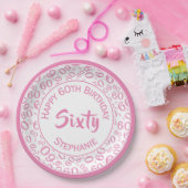 60. Party Random Number Pattern Rosa/Weiß Pappteller (Party)