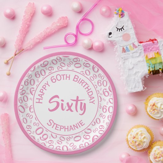 60. Party Random Number Pattern Rosa/Weiß Pappteller (Party)