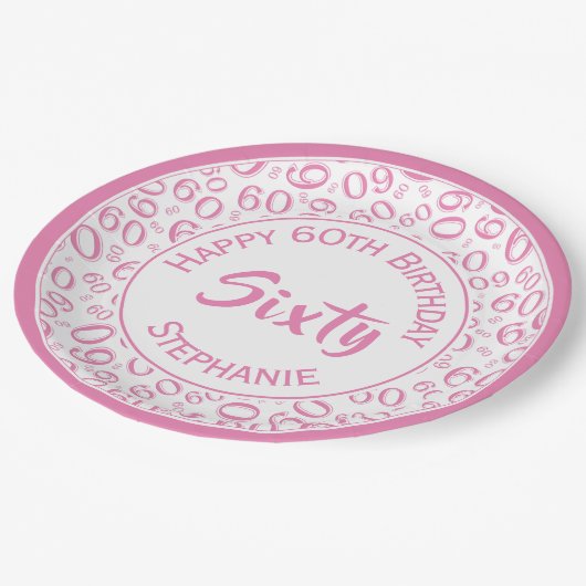 60. Party Random Number Pattern Rosa/Weiß Pappteller (Schrägansicht)