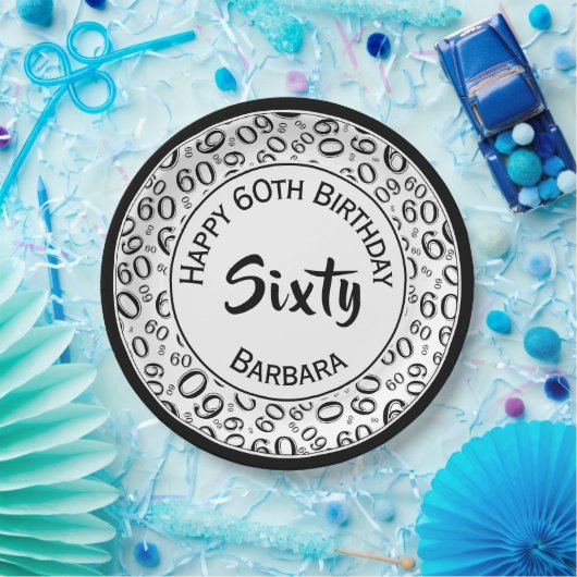 60. Party Random Number Pattern Schwarz/Weiß Pappteller (Party)