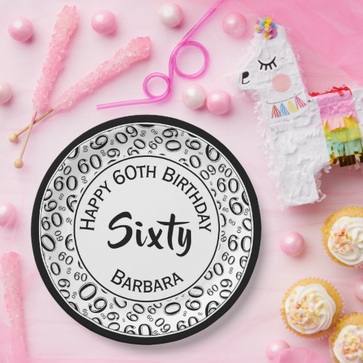 60. Party Random Number Pattern Schwarz/Weiß Pappteller (Party)