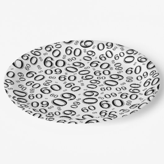 60. Party Random Number Pattern Schwarz/Weiß Pappteller (Schrägansicht)