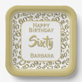 60. Party Zufallszahlenmuster Gold/Weiß Pappteller (Vorderseite)