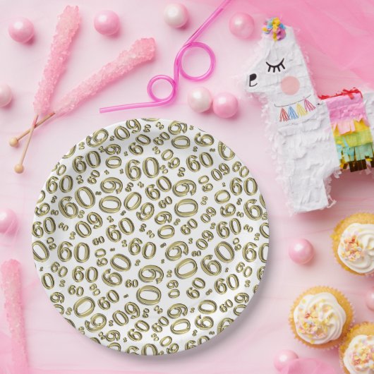 60. Party Zufallszahlenmuster Gold/Weiß Pappteller (Party)