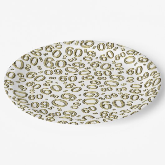 60. Party Zufallszahlenmuster Gold/Weiß Pappteller (Schrägansicht)