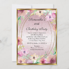 60. Pink Floral Gold Geburtstagsparty Einladung