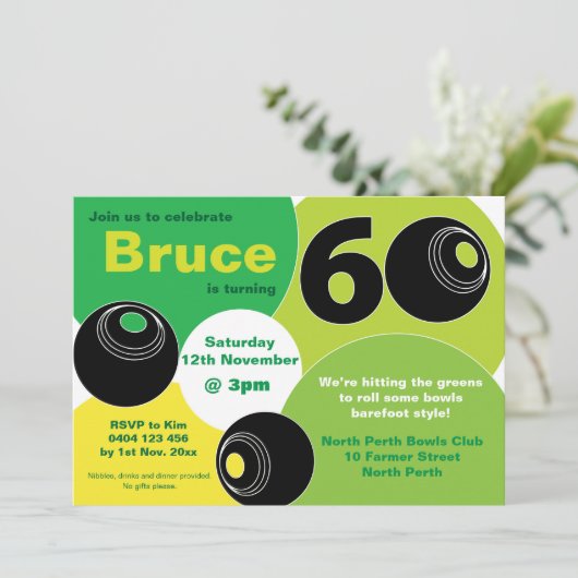 60. Rasen Bowls Barefoot Bowling Birthday Einladung (Stehend Vorderseite)