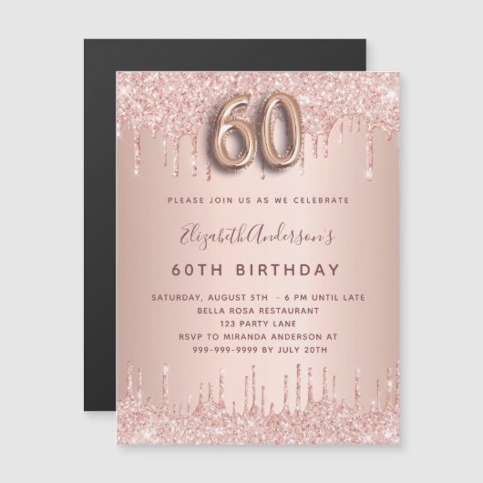 60. Rose Gold Glitzer Einladungsmagnet Magnetkarte (Vorne/Hinten)