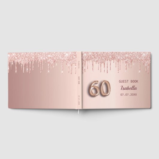 60. Rose Gold Glitzer Monogramm Name Gästebuch (Voll)