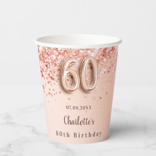 60. Rose Gold Glitzer Monogramm Name Pappbecher (Rückseite)