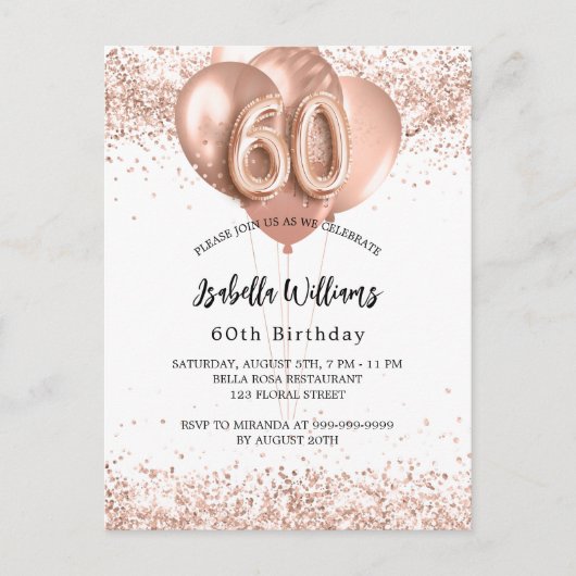 60. Rose Goldballons weiß Einladungspostkarte (Vorderseite)