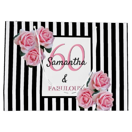 60 sagenhafte rosa Florale Schwarz-weiße Streifen Große Geschenktüte (Rückseite)