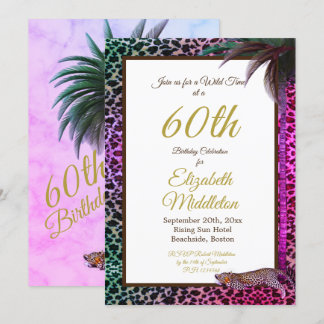 60. Sechzigste Leopard Palm Wild Lila Geburtstag Einladung