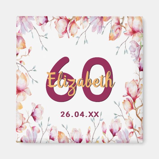 60 th birthday pink magnolia floral name magnet (Vorne)