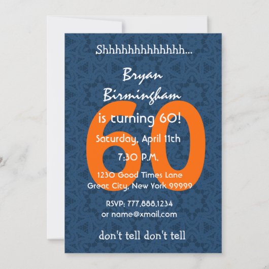 60. Überraschung Birthday Blue und Orange Template Einladung (Rückseite)