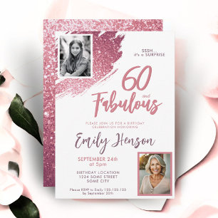 60 und Fabelhaft Pink Glitter 2 Foto 60. Geburtsta Einladung