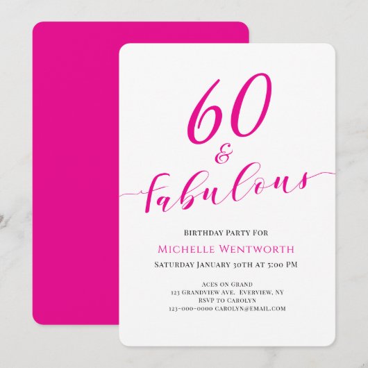 60 und Fabelhaft Sechzigster Geburtstag Hot Pink S Einladung (Vorne/Hinten)