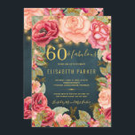 60 und fabelhafte florale elegante 60. Geburtstags Einladung<br><div class="desc">Luxuriöse Vintage romantische stilvolle 60. Geburtstagsgeschenk-Einladung mit rosa und pfirsichfarbenen Glitzer Peony Rose und Blumen Rahmen und golden rustikalen Saiten oder Tinkle Lichter auf einem Mitternacht blauen Kalkboard Hintergrund. — Die Einladung ist geeignet für Frühlings- oder Sommernacht, Herbst rustikalen oder Garten Vintagen Outdoor Meilensteine Geburtstagsparty - dreißig, vierzig, fünfzig, sechzig,...</div>