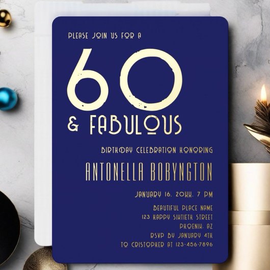 60 und fabelhafte marineblaue Retrotypografie Folieneinladung