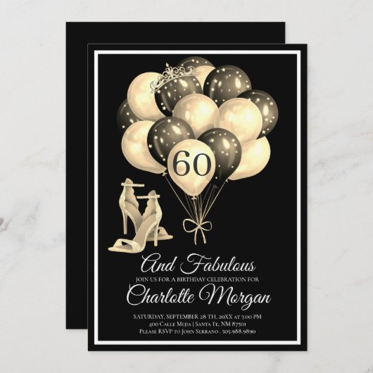 60 und fabelhafte Schwarz-weiße High Heels Einladu Einladung (Vorne/Hinten)