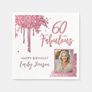 60 und Fabulous Pink Glitzer Foto 60. Geburtstag Serviette
