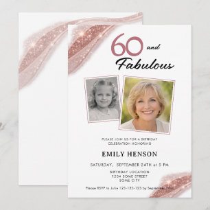 60 und Fabulous Roségold 2 Foto Geburtstag Einladung