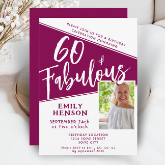 60 und Fabulous Script Magenta Foto 60. Geburtstag Einladung