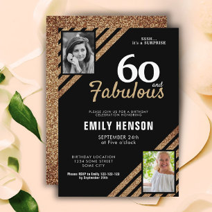 60 und Fantastisch Gold Glitter 2 Foto 60. Geburts Einladung