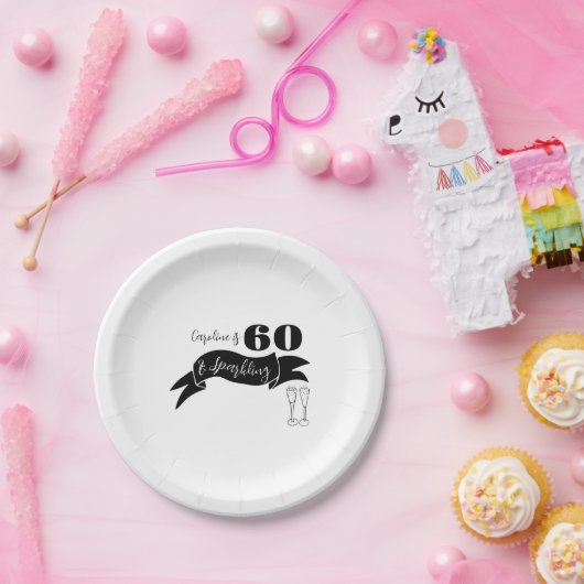 60 und funkelnde Hand, schwarz und weiß gezogen Pappteller (Party)