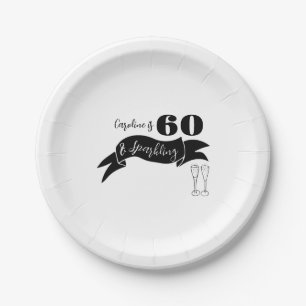 60 und funkelnde Hand, schwarz und weiß gezogen Pappteller