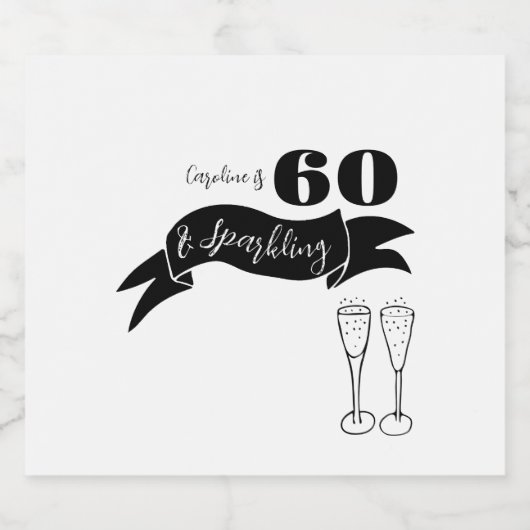 60 und funkelnde Hand, schwarz und weiß gezogen Schaumweinetikett (Einzelnes Label)