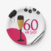 60 und Sassy Champagne Flute Pappteller (Vorderseite)