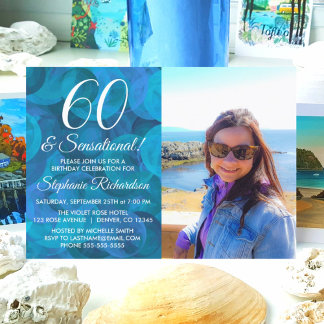 60 und Sensational Ocean Blue Foto Geburtstag Einladung