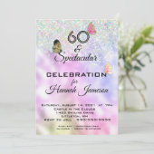 60 und spektakuläres Glittery Butterflies Party Einladung (Stehend Vorderseite)