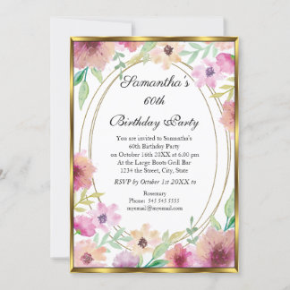 60. White Floral Gold Geburtstagsparty Einladung