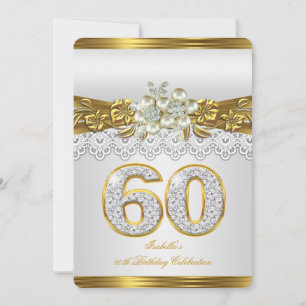 60. White Pearl Gold Lace Floral Geburtstagsfeier Einladung