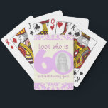 60 years birthday playing card set spielkarten<br><div class="desc">Fun look who is 60 and still looking young. Ladies pink and damask add your own photo playing cards.</div>