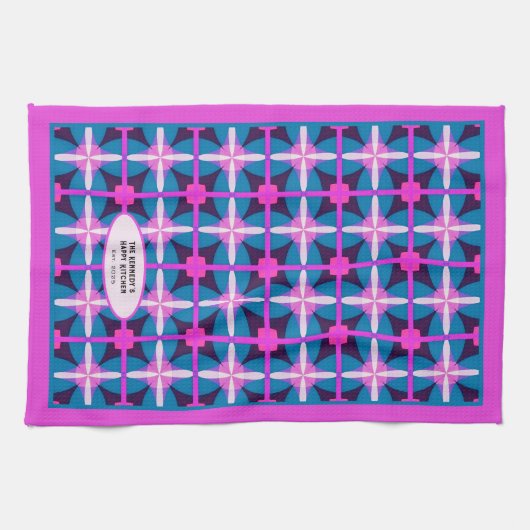 60er Abstrakt Pink Blauer Kaleidoskop Design Geschirrtuch (Horizontal)