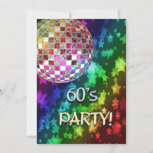 60er Einladung mit Diskoball und Regenbogen