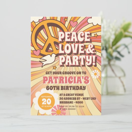 60er Hippie Party Einladung (Stehend Vorderseite)