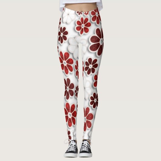 60er Jahre Groovy Red Floral Gemustert | LEGGINGS (Vorderseite)