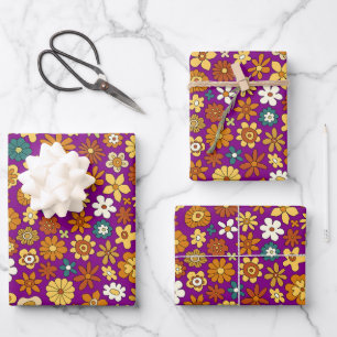60er Retro-Blumendecoup lila Farbgeschenk Geschenkpapier Set