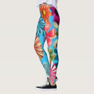 60er Retro MOD Colorful Hippie Daisy Blume Blue Leggings