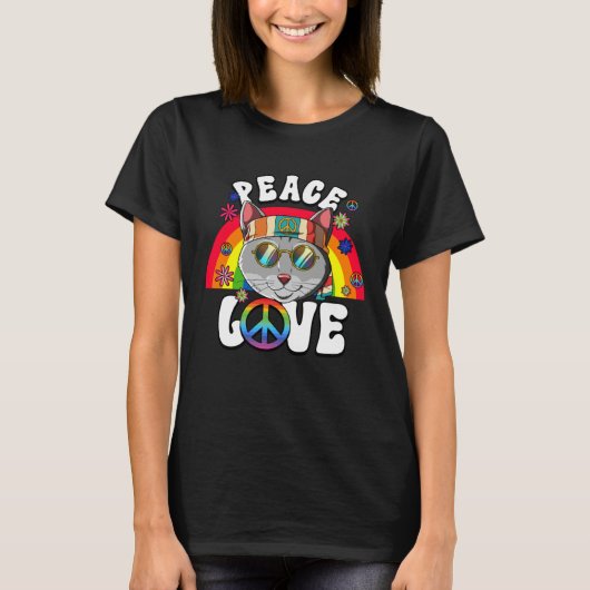 60s 70s Costume Peace Love Hippie Cat T-Shirt (Vorderseite)