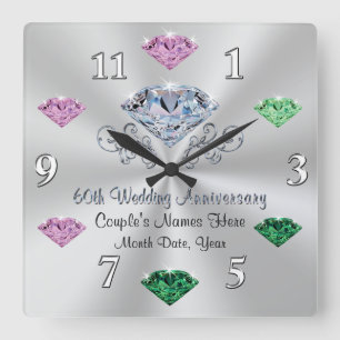 60th Anniversary Clock Couple, Family Birthstones Quadratische Wanduhr